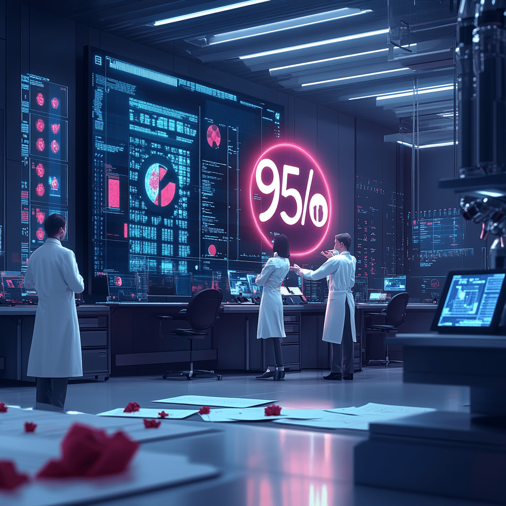 high-tech lab setting where an AI system projects a massive 95% accuracy badge on a wall. In front, a scientist peers through a microscope at DNA strands, while a banker reviews fraud alerts on a tablet nearby.