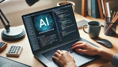A modern home office setup where a person is taking an AI course online. The laptop screen shows a machine learning tutorial with code and AI diagrams, creating a focused and comfortable remote learning experience.