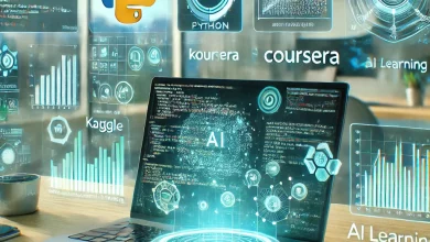 A modern digital workspace featuring an aspiring data scientist using AI-powered tools for data analysis and visualization.