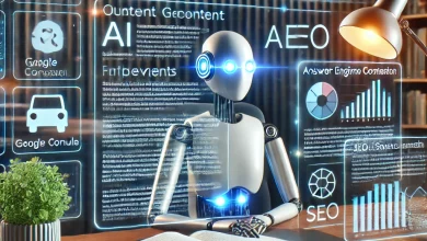 A modern digital workspace where a content strategist is optimizing AI-generated content for AEO, with an AI assistant and SEO analytics tools.