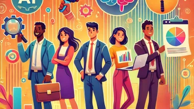 A vibrant cartoon-style illustration of five diverse professionals representing non-technical AI careers. Each holds a relevant tool: a megaphone for an AI Sales Engineer, a blueprint for an AI Product Manager, a gavel for an AI Policy Analyst, a laptop with colorful charts for an AI Marketing Specialist, and a briefcase for an AI Consultant. The background features a futuristic city skyline with subtle AI elements like glowing circuits and data streams.