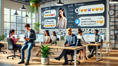 A realistic modern office scene with employees from different generations (Gen Z, Millennials, and Boomers) communicating through digital tools. A Gen Z worker uses a smartphone with emojis, a Millennial types on a laptop with casual punctuation, and a Boomer writes a formal email. The background features AI-powered communication tools on a large screen, with plants, desks, and laptops in a collaborative workspace.