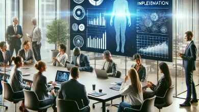 A diverse team of professionals in a modern office setting reviewing AI-driven data and discussing strategies for business implementation.