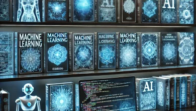 A futuristic bookshelf glowing with blue neon lights, filled with AI and machine learning books featuring abstract neural networks, robots, and code snippets. In the foreground, a sleek workspace with a laptop open to an AI coding project enhances the tech-savvy atmosphere.