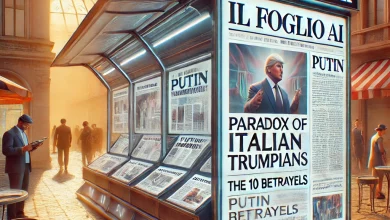 A vibrant, modern illustration of a futuristic newsstand in an Italian city square, featuring the Il Foglio AI newspaper with bold headlines. A holographic AI interface displays article text, blending traditional newspapers with high-tech elements in a lively, sunlit setting.