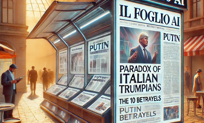A vibrant, modern illustration of a futuristic newsstand in an Italian city square, featuring the Il Foglio AI newspaper with bold headlines. A holographic AI interface displays article text, blending traditional newspapers with high-tech elements in a lively, sunlit setting.