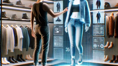 A futuristic virtual dressing room experience where an AI avatar allows users to try on digital outfits in a high-tech fashion interface.