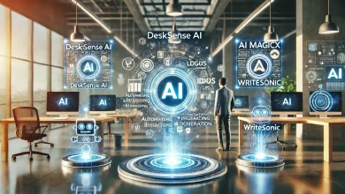 A modern workspace featuring DeskSense AI, AI Magicx, and Writesonic in action. Three floating holographic screens display AI automating research, generating branding materials, and creating content. A business professional interacts seamlessly with the AI tools, highlighting efficiency and creativity in a futuristic, tech-driven setting.